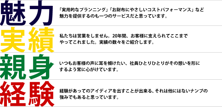 魅力 「実用的なプランニング」「お財布にやさしいコストパフォーマンス」など魅力を提供するのも一つのサービスだと思っています。|実績 私たちは営業をしません。20年間、お客様に支えられてここまでやってこれました。実績の数々をご紹介します。｜親身 いつもお客様の声に耳を傾けたい、社員ひとりひとりがその想いを形にするよう常に心がけています。｜経験　経験があってのアイディアを出すことができる、それは他にはないナンブを強みであると思っています。